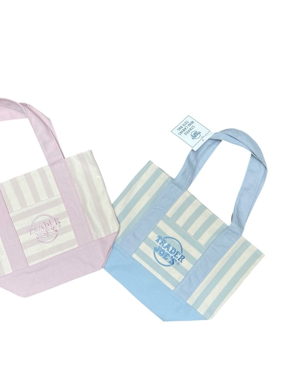 Complete Set of 2- Trader Joe's Pastel Pink Blue Striped Canvas Mini Tote Bags